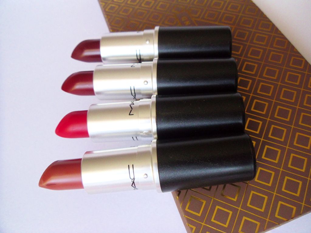 MAC Taupe , Ruby Woo , Sin , Studded Kiss lipsticks