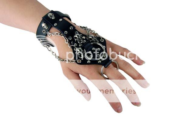 Leder Armband Gothic Handschlaufe Finger Ring Skull